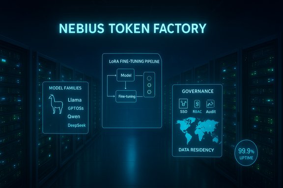 A neon-blue data-center infographic for Nebius Token Factory detailing model families, LoRA tuning, and governance.