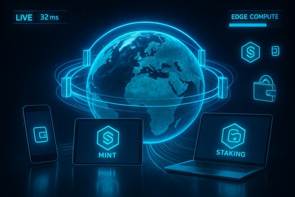 Futuristic blue holographic globe with edge computing icons, mint and staking on devices.