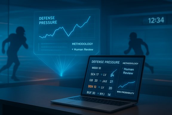 Blue holographic dashboard shows defense pressure trends as silhouettes run in the background.