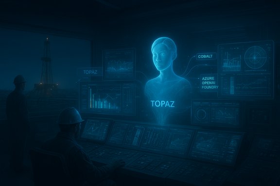 Blue holographic female figure labeled TOPAZ dominates a high-tech offshore control room.