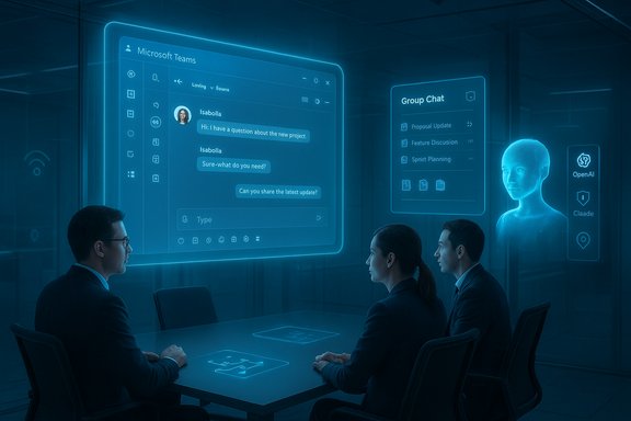 A futuristic conference room with holographic screens displaying Teams chat and group planning.