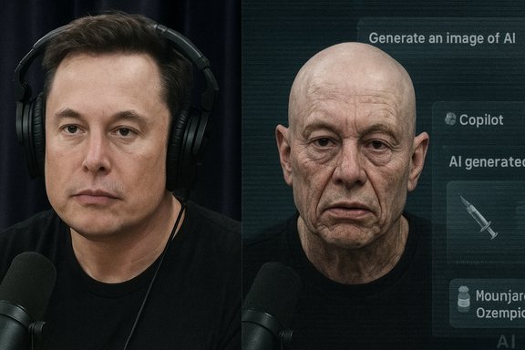 Podcast host with headset on left, split-screen shows an AI-generated elderly face on the right.