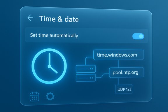 Time & date settings UI showing automatic sync via NTP servers.