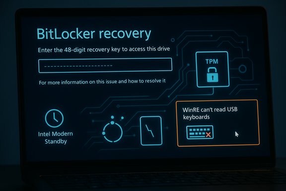 BitLocker recovery screen prompting for the 48-digit key, with TPM icon and USB keyboard warning.
