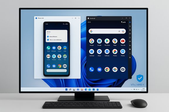 Windows 11 desktop with a phone-link window and an Android app grid side by side.