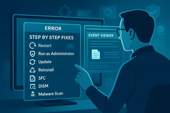 A technician analyzes error fixes and an event viewer on a computer screen.