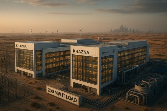Desert power complex with Khazna buildings, wind turbines, and a distant skyline at sunset.