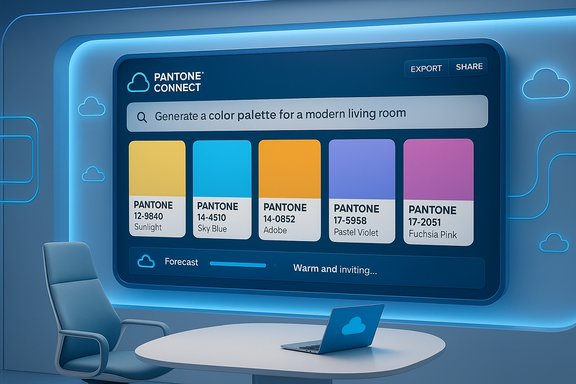 Pantone Connect app displaying color palettes on a large screen in a blue, futuristic office.