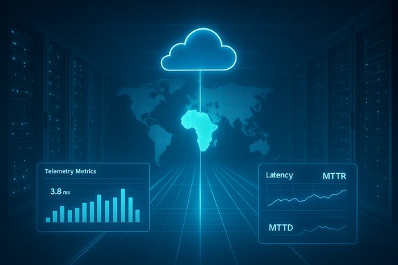 Neon blue cloud above a world map, with server racks and telemetry graphs.