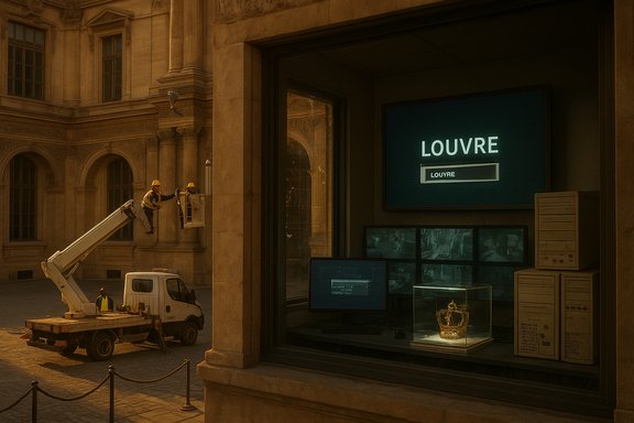 Two workers in hard hats fix the Louvre façade from a bucket truck at dusk.