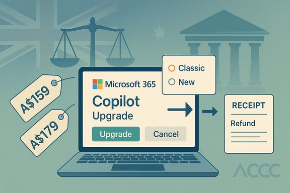 Australian Microsoft 365 Copilot upgrade promo with AUD prices and Classic/New options.