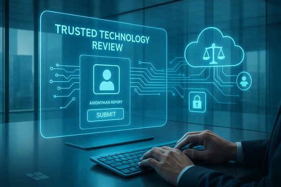 A futuristic holographic interface displays a trusted technology review and anonymous report submission.