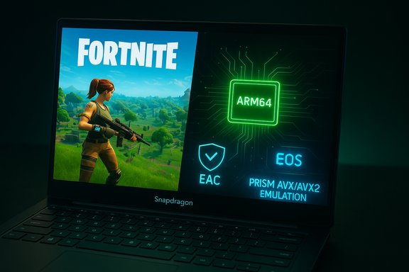 Fortnite gameplay on the left of a laptop screen, with glowing ARM64 and emulation graphics on the right.