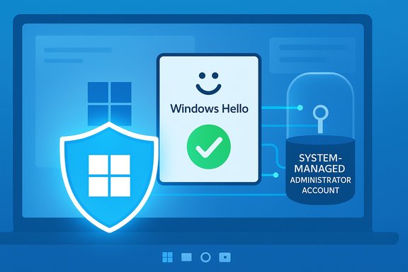 Illustration of Windows Hello with a shield and a system-managed administrator account.