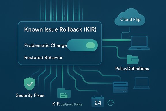 Diagram of Known Issue Rollback (KIR) showing problematic change, restored behavior, and policy flows.