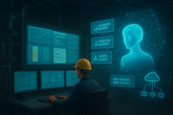 A technician in a hard hat monitors data dashboards in a futuristic control room with a holographic AI figure.