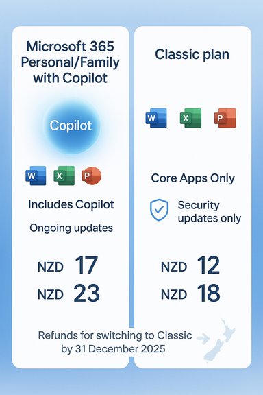 Two-column comparison: Copilot-enabled Microsoft 365 Personal/Family vs Classic plan, with NZD prices.