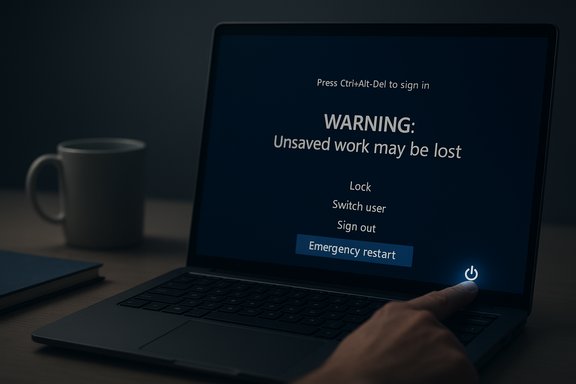 Laptop screen shows a warning: unsaved work may be lost, with Emergency restart option.