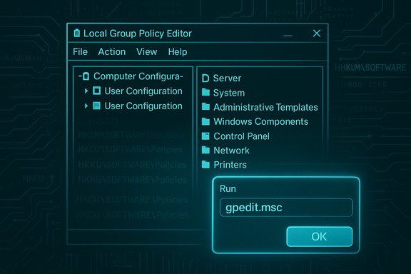 Neon blue Local Group Policy Editor window with Run gpedit.msc on a circuit-board backdrop.