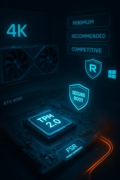 A futuristic hardware display featuring 4K, RTX 4080 GPU, TPM 2.0, Secure Boot, and Windows icons.
