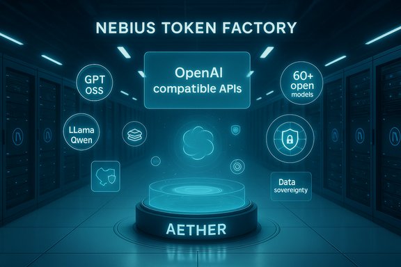 Neon-lit data center showcasing OpenAI-compatible APIs and the AETHER platform.