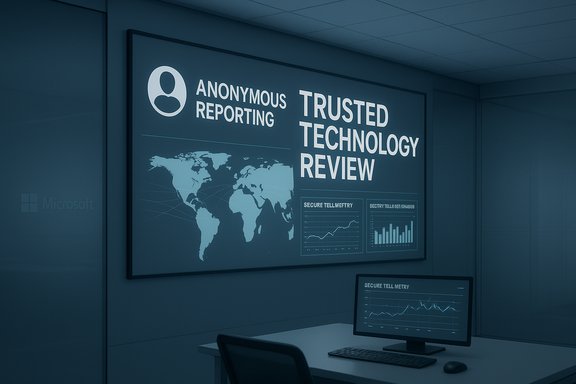Office wall panel shows Anonymous Reporting and Trusted Technology Review alongside a world map.