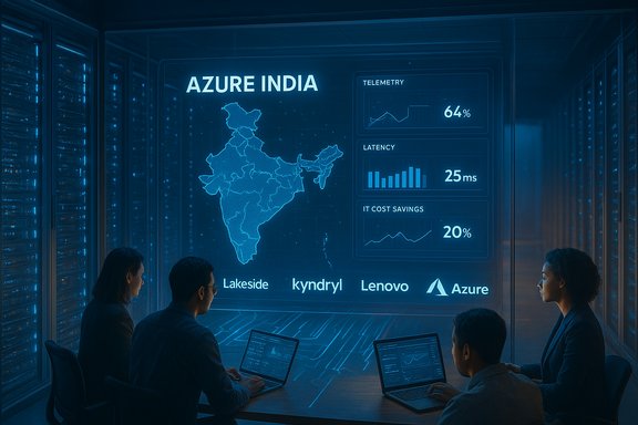 A blue holographic dashboard shows Azure India metrics over a map of India in a data center.