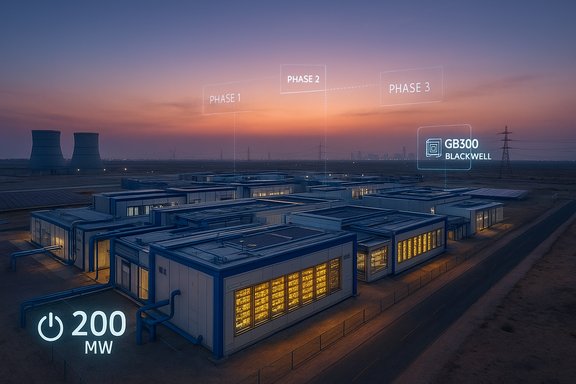 Sunset over a modular industrial campus with Phase 1–3 labels and a 200 MW display. Sunset over a modular industrial campus with Phase 1–3 labels and a 200 MW display.