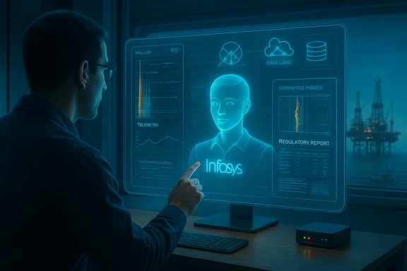 A man interacts with a holographic Infosys data dashboard displaying charts and offshore data.