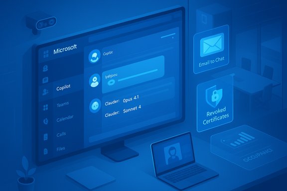 Blue-toned desk setup featuring a monitor with Microsoft Copilot chat and UI tiles.