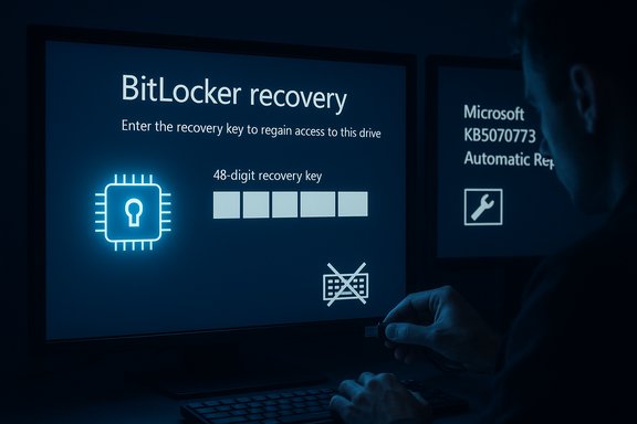 Blue BitLocker recovery screen prompts for a 48-digit key as user inserts a USB recovery key.