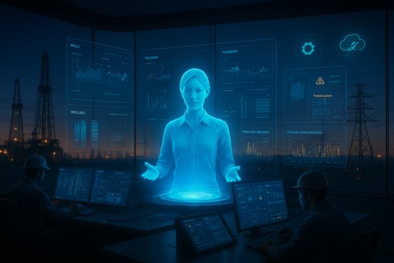 A holographic assistant presents real-time data to operators in a high-tech control room.