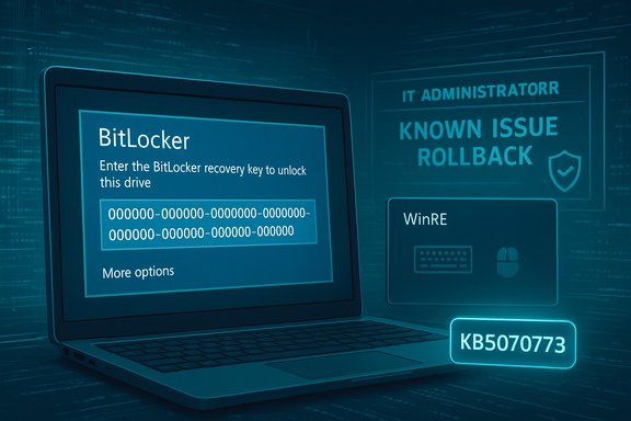 Laptop displays a BitLocker recovery prompt requesting a recovery key, with an IT rollback alert in the background.
