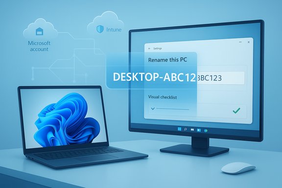 Blue-toned desk setup with a laptop and monitor displaying a PC rename screen.