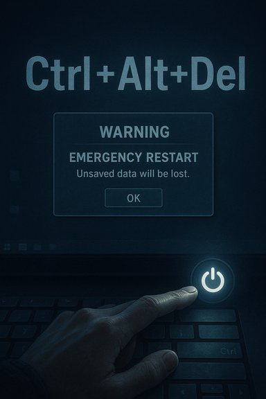 A hand hovers over a laptop keyboard as the Ctrl+Alt+Del screen warns of an emergency restart.