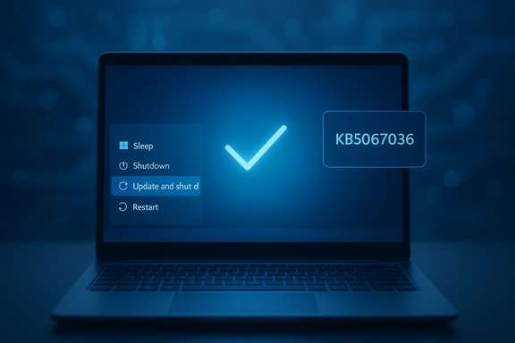 Blue-tinted laptop screen showing update/shutdown options with a glowing checkmark.