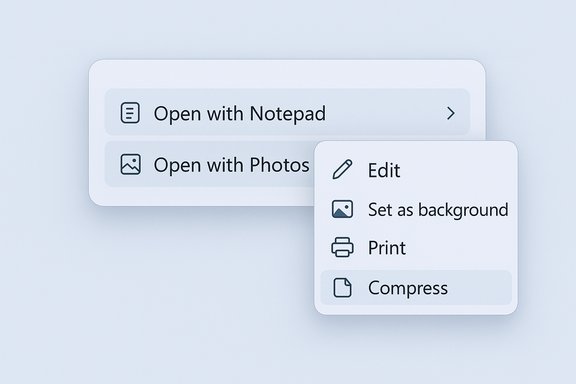 Neumorphic UI showing file actions: Open with Notepad/Photos and a menu with Edit, Set as background, Print, Compress.