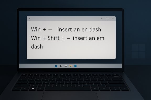 Laptop screen shows Windows shortcuts for inserting en and em dashes.