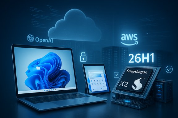 Blue-tinted tech desk with a laptop, tablets, and Snapdragon X2 amid OpenAI and AWS cloud imagery.