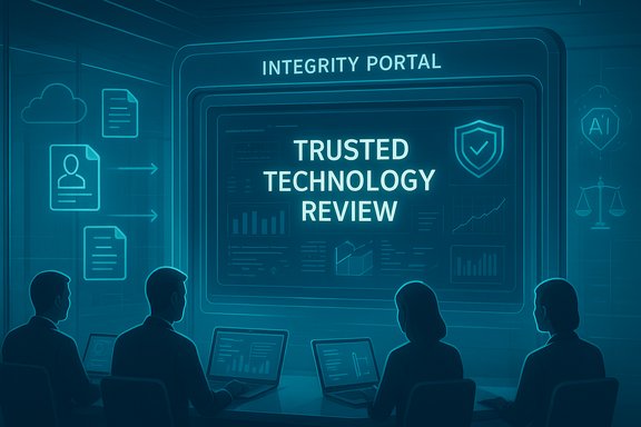 Professionals review trusted technology on a large display titled Integrity Portal.