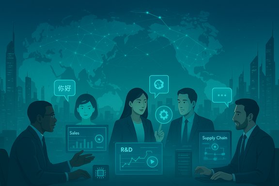 Diverse team reviews dashboards for Sales, R&D and Supply Chain in a global, tech-enabled office.