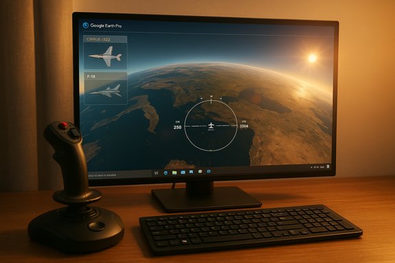 Desk setup with a monitor showing Google Earth Pro's Earth view, a joystick, and a keyboard.