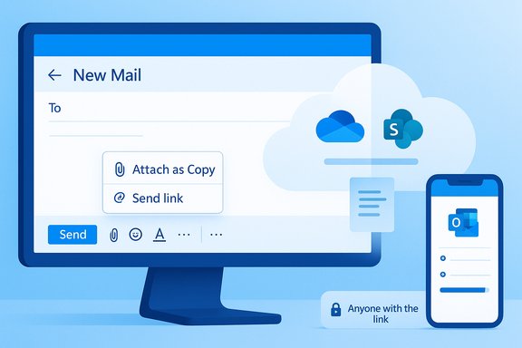 Blue illustration of a new email window with cloud sharing options and Outlook on a phone.