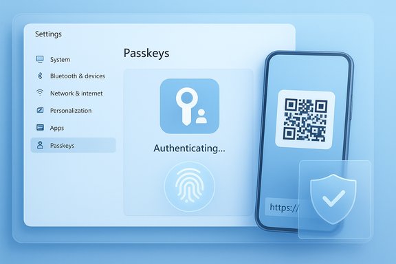 Blue settings UI showing Passkeys authentication via phone QR code.