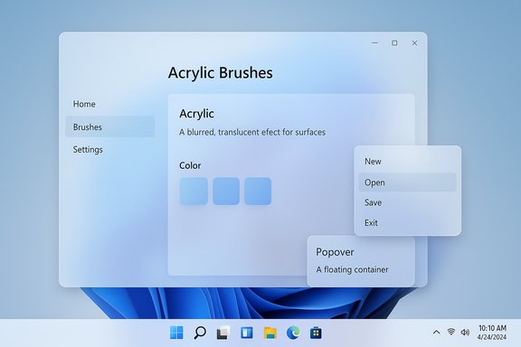 A Windows-style UI mockup showcasing Acrylic Brushes with translucent panels, left navigation, and floating menus.