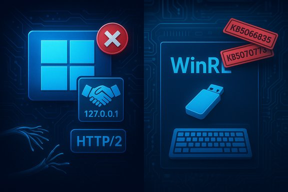 Blue cyber illustration: Windows logo with error badge, localhost handshake, HTTP/2, WinR, USB drive and keyboard.
