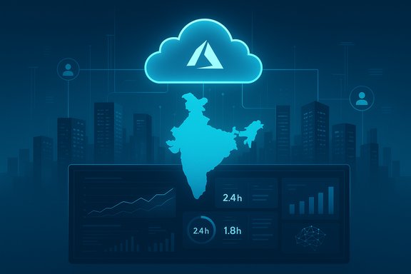 Azure cloud analytics for India with dashboards over a city skyline.