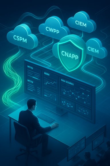 Security analyst monitors a CNAPP cloud-security dashboard with CSPM, CWPP, and CIEM icons.
