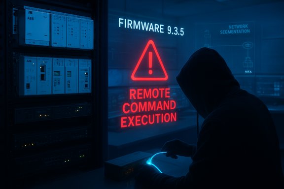 Hooded figure in a server room beside a neon red 'Remote Command Execution' warning under firmware 9.3.5.