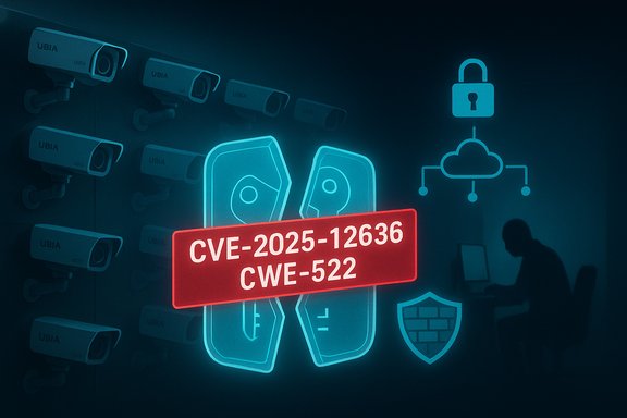 Row of security cameras with neon icons and a red CVE-2025-12636 CWE-522 tag over a digital shield.